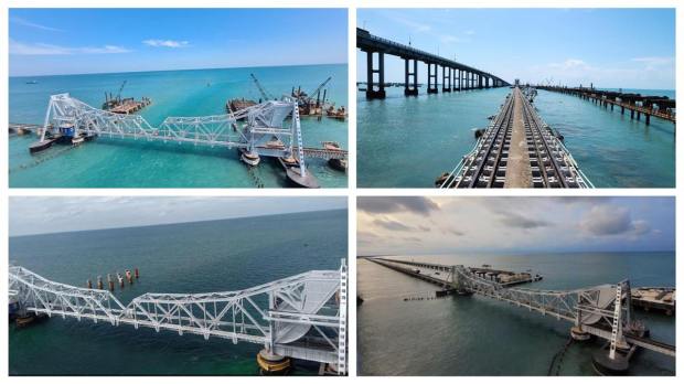 The Indian Railways' new Pamban Bridge in the state of Tamil Nadu is state-of-the-art technology and a vital part of the country's infrastructure development. It is also India'first vertical lift railway sea bridge. This dual-track bridge is 84 per cent complete with the track laying work going on. (Image: @AshwiniVaishnaw/Twitter)