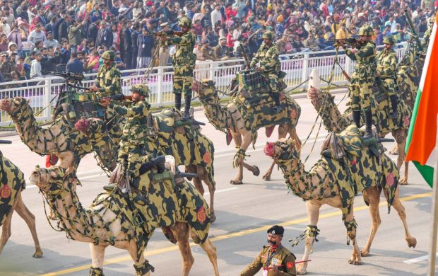 BSF's Camel Contingent marches past during the Republic Day parade at the Kartavya Path. (Image: PTI)