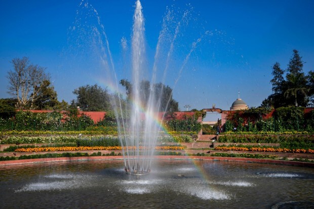 A rainbow appears on a fountain at 'Amrit Udyan' on the premises of the Rashtrapati Bhavan. (PTI photo)