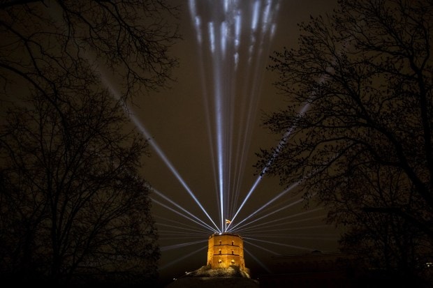 The city of Vilnius, Lithuania's capital, celebrated its 700th anniversary with a light festival. Visual of Gediminas Castle Tower (AP Photo)