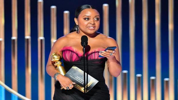 Best Actress in a TV Series, Musical or Comedy, Quinta Brunson, Abbott Elementary is seen on stage at the 80th Annual Golden Globe Awards® at the Beverly Hilton in Beverly Hills. (Reuters Image)