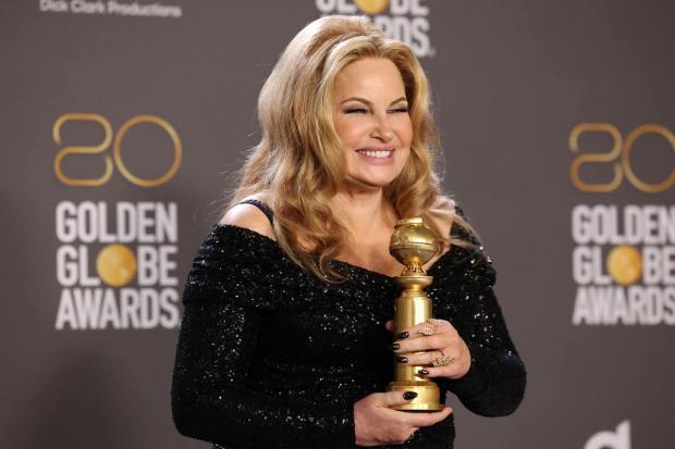 Jennifer Coolidge poses with her award for best supporting actress in a Television Limited Series or Motion Picture for "The White Lotus" at the 80th Annual Golden Globe Awards in Beverly Hills (Reuters Image)