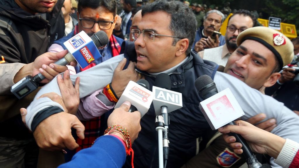 BJP MP Parvesh Verma being detained by the police during a protest against the ruckus in MCD House on January 6th, near Delhi Chief Minister Arvind Kejriwal's residence, in New Delhi on Monday. (ANI Photo)