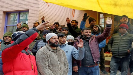 Locals shout slogans to protest against NTPC and the state government over cracks widening due to land subsidence at Joshimath, in Chamoli on Wednesday. (ANI Photo/Ayush Sharma) Locals shout slogans to protest against NTPC and the state government over cracks widening due to land subsidence at Joshimath, in Chamoli on Wednesday. (ANI Photo/Ayush Sharma)