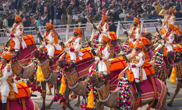Camel Contingent of Border Security Force (BSF) marched past the saluting dais under the command of Deputy Commandant Manohar Singh Kheechee. (Image: PTI)