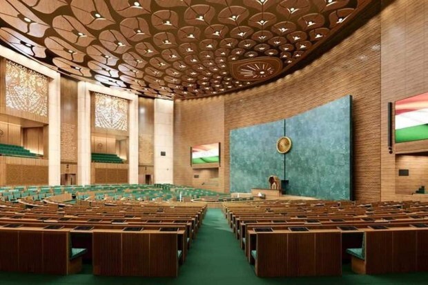Interior view of Lok Sabha under Central Vista Project. It is likely that the number of Lok Sabha seats will increase after 2026. The Lok Sabha is based on Peacock theme, the national bird of India. (PTI Photo)