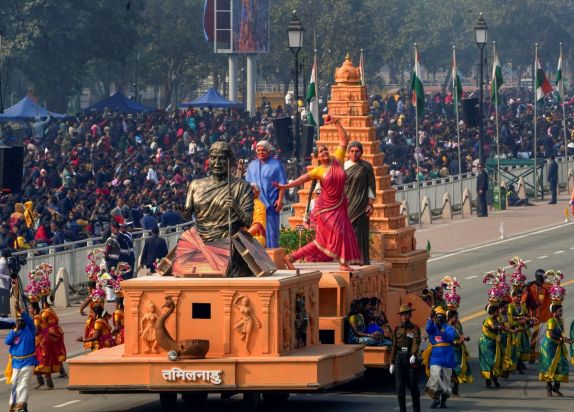 Tamil Nadu tableau on display during the Republic Day Parade 2023, at New Delhi's Kartavya Path. (Image: PTI)