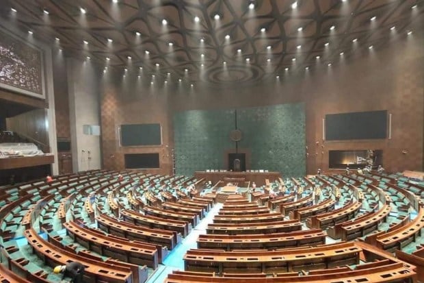 The image of new Sansad Bhavan (Parliament) under Central Vista Project. The foundation stone for the new Parliament building was laid in 2020. It is being built by Tata Projects Ltd. (PTI Image)