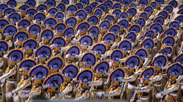 Indian defence forces march through the ceremonial Kartavya Path boulevard during India's Republic Day celebrations on Thursday. (Image: PTI)