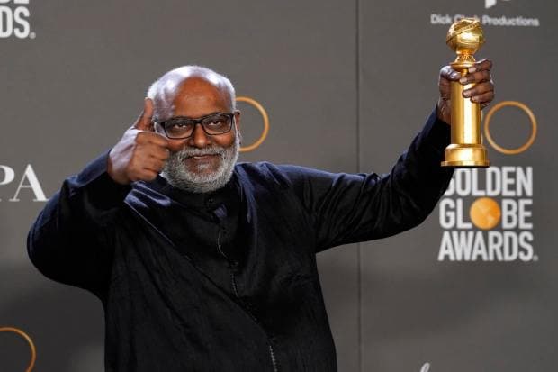 M.M. Keeravani poses in the press room with the award for best original song, motion picture for "Naatu Naatu" from "RRR" at the 80th annual Golden Globe Awards at the Beverly Hilton Hotel (AP Image)