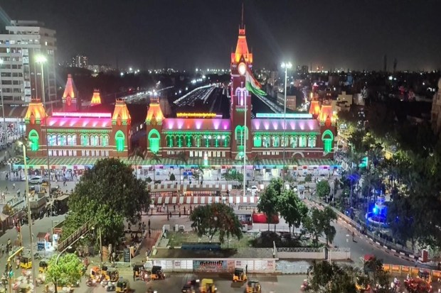Scintillating views of the iconic Dr MGR Chennai Central embellished with tricolour illumination (Image: Twitter/Southern Railway)