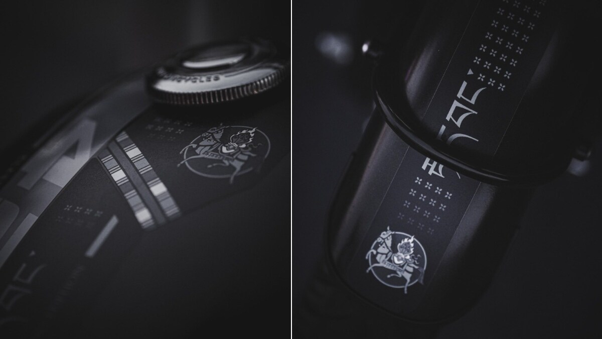 The motorcycle features a Lungta motif on the fuel tank and front fender along with other inscriptions inspired by the north-eastern region across body panels.