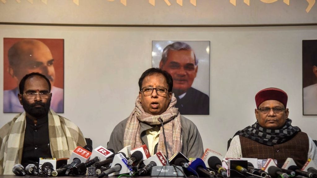 Bihar Bharatiya Janata Party (BJP) President Sanjay Jaiswal addresses a press conference, at the party office, in Patna, Monday, Jan. 2,2023. (PTI Photo) Bihar Bharatiya Janata Party (BJP) President Sanjay Jaiswal addresses a press conference, at the party office, in Patna, Monday, Jan. 2,2023. (PTI Photo)