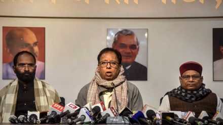 Bihar Bharatiya Janata Party (BJP) President Sanjay Jaiswal addresses a press conference, at the party office, in Patna, Monday, Jan. 2,2023. (PTI Photo)