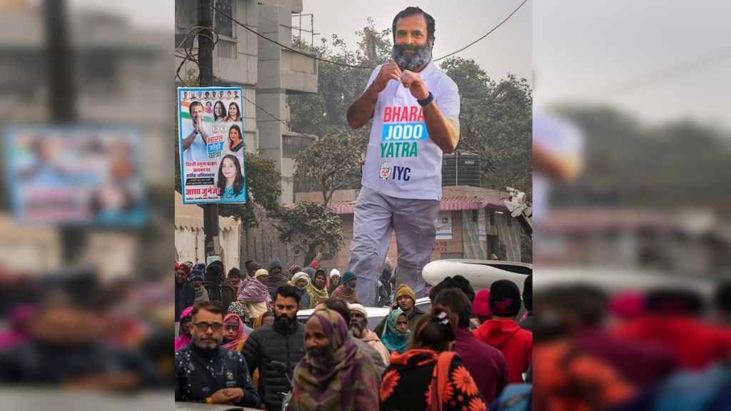 A cut-out of Congress leader Rahul Gandhi put-up near the Marghat Hanuman Mandir during Congress party's Bharat Jodo Yatra, in New Delhi, Tuesday, Jan, 3, 2023. (PTI Photo)
