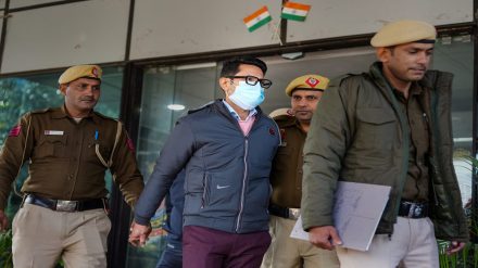 Shankar Mishra, accused of urinating on a woman passesnger on an Air India flight from New York to Delhi, being taken away by the police from the DCP office at IGI Airport in New Delhi, Saturday, Jan. 7, 2023. (PTI Photo/Ravi Choudhary)
