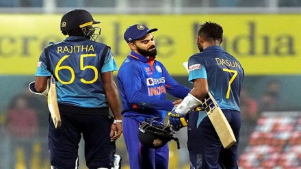 Guwahati: Sri Lankan batsman Dasun Shanaka with Indian cricketer Virat Kohli at the end of the match during the 1st ODI match between India and Sri Lanka at Barsapara stadium. (PTI Image)