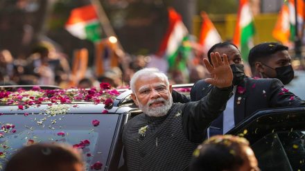 Prime Minister Narendra Modi waves at supporters during a roadshow, in New Delhi, Monday, Jan. 16, 2023. (PTI Photo/Ravi Choudhary)
