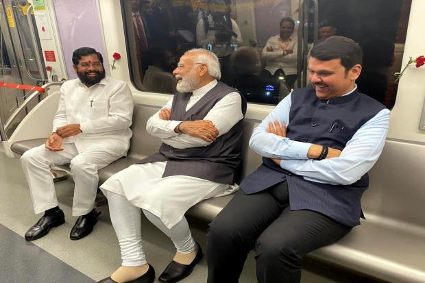  Prime Minister Narendra Modi takes metro ride with Maharashtra Chief Minister Eknath Shinde and Deputy CM Devendra Fadanavis, in Mumbai, Thursday, Jan. 19, 2023. (PTI Photo) 