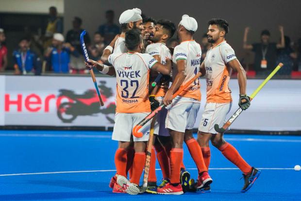 Bhubaneswar: Indian players celebrate the third goal against New Zealand, in the 2023 Men's FIH Hockey World Cup match, in Bhubaneswar, Sunday, Jan. 22, 2023. (PTI Photo/Gurinder Osan)