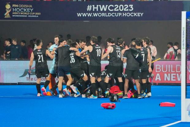 Bhubaneswar: New Zealand players celebrate after winning against India, in the 2023 Men's FIH Hockey World Cup match in Bhubaneswar, Sunday, Jan. 22, 2023. (PTI Photo/Gurinder Osan)