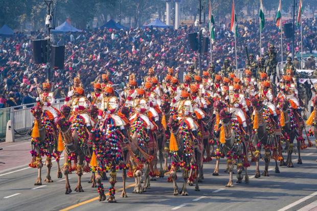 New Delhi: Camel mounted contingent of Border Security Force (BSF) marches past during the full dress rehearsal of the Republic Day Parade 2023, at Kartavya Path in New Delhi, Monday, Jan. 23, 2023. (PTI Photo)