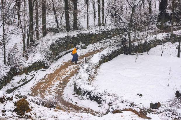 Srinagar: A woman walks during light snowfall on the outskirts of Srinagar. (PTI Photo)