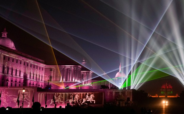 Laser light illuminated view of South Block. (PTI photo)