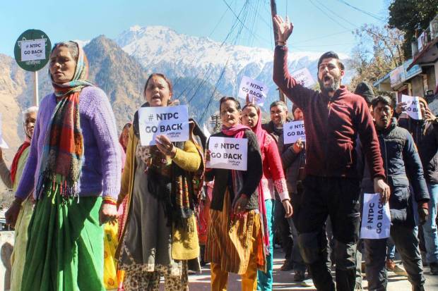 Joshimath: Locals take part in a protest rally against the NTPC project in landslide-hit Joshimath town of Chamoli district, Uttarakhand. (PTI Photo)