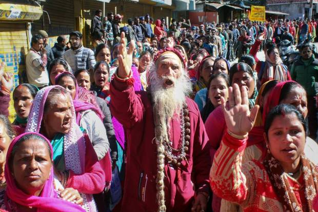 Joshimath: Locals take part in a protest rally against the NTPC project in landslide-hit Joshimath town of Chamoli district, Uttarakhand. (PTI Photo)