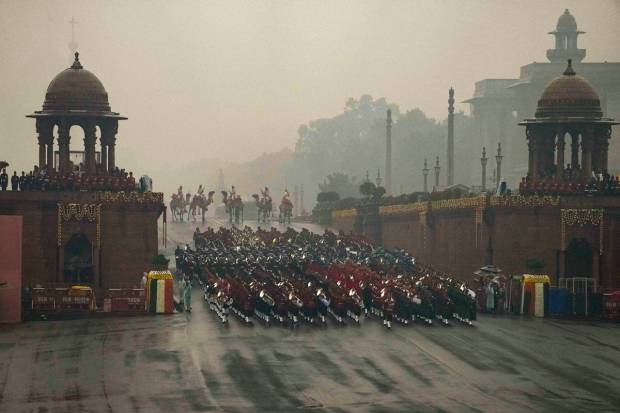 New Delhi: Tri-services bands perform during the Beating Retreat ceremony, at Vijay Chowk in New Delhi. (PTI Photo)
