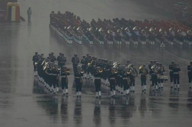 New Delhi: Tri-services bands perform during the Beating Retreat ceremony, at Vijay Chowk in New Delhi. (PTI Photo)
