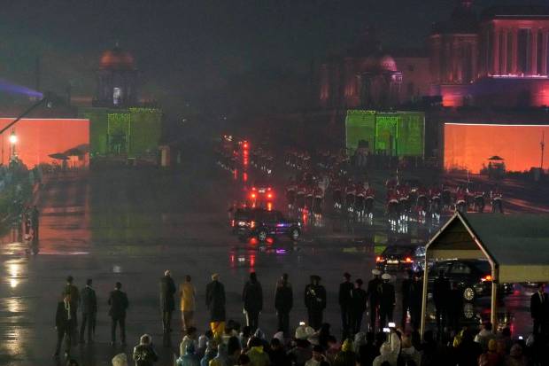 New Delhi: President Droupadi Murmu leaves after the Beating Retreat ceremony, at Vijay Chowk in New Delhi. (PTI Photo)