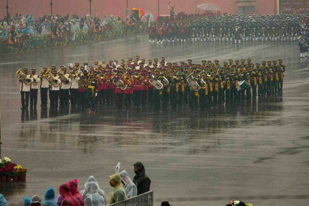 New Delhi: Tri-services bands perform during the Beating Retreat ceremony, at Vijay Chowk in New Delhi. (PTI Photo)