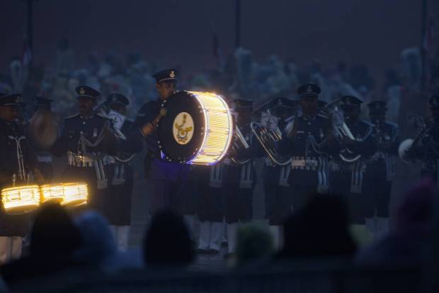New Delhi: Tri-services bands perform during the Beating Retreat ceremony, at Vijay Chowk in New Delhi. (PTI Photo)