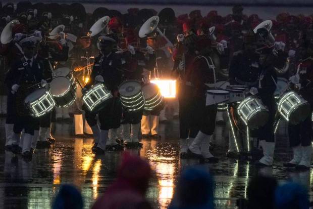 New Delhi: Tri-services bands perform during the Beating Retreat ceremony, at Vijay Chowk in New Delhi. (PTI Photo)