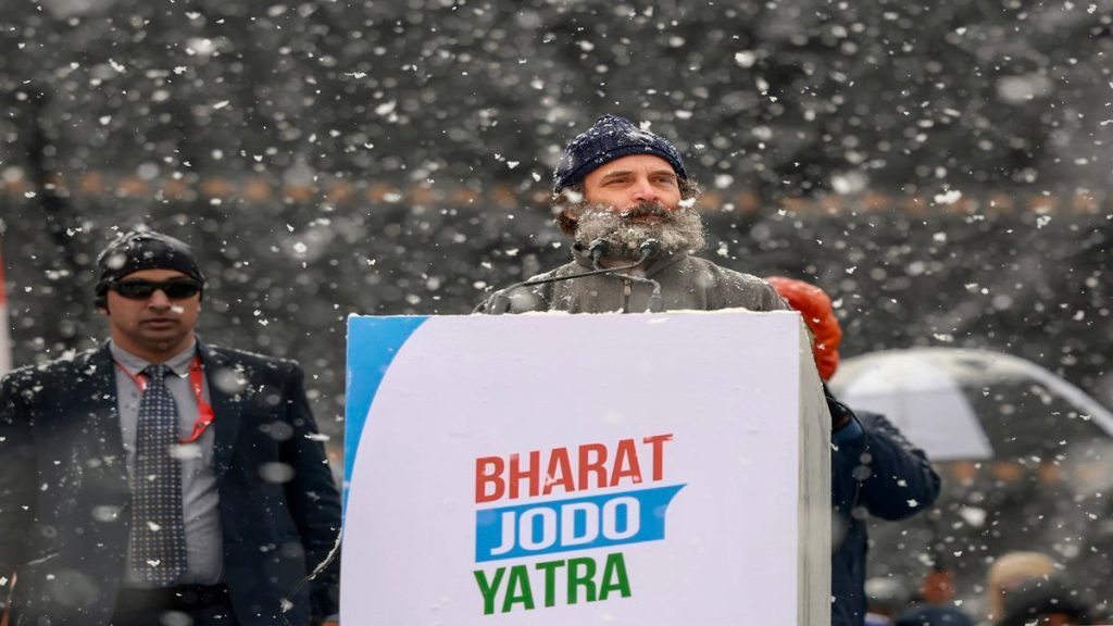 Congress leader Rahul Gandhi addresses the closing ceremony of Bharat Jodo Yatra, at Sher-i-Kashmir cricket stadium in Srinagar, Monday, Jan. 30, 2023. (PTI Photo)