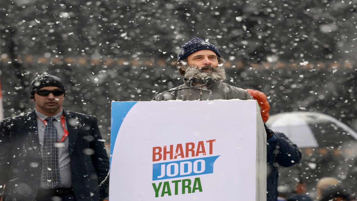 Congress leader Rahul Gandhi addresses the closing ceremony of Bharat Jodo Yatra, at Sher-i-Kashmir cricket stadium in Srinagar, Monday, Jan. 30, 2023. (PTI Photo) Congress leader Rahul Gandhi addresses the closing ceremony of Bharat Jodo Yatra, at Sher-i-Kashmir cricket stadium in Srinagar, Monday, Jan. 30, 2023. (PTI Photo)