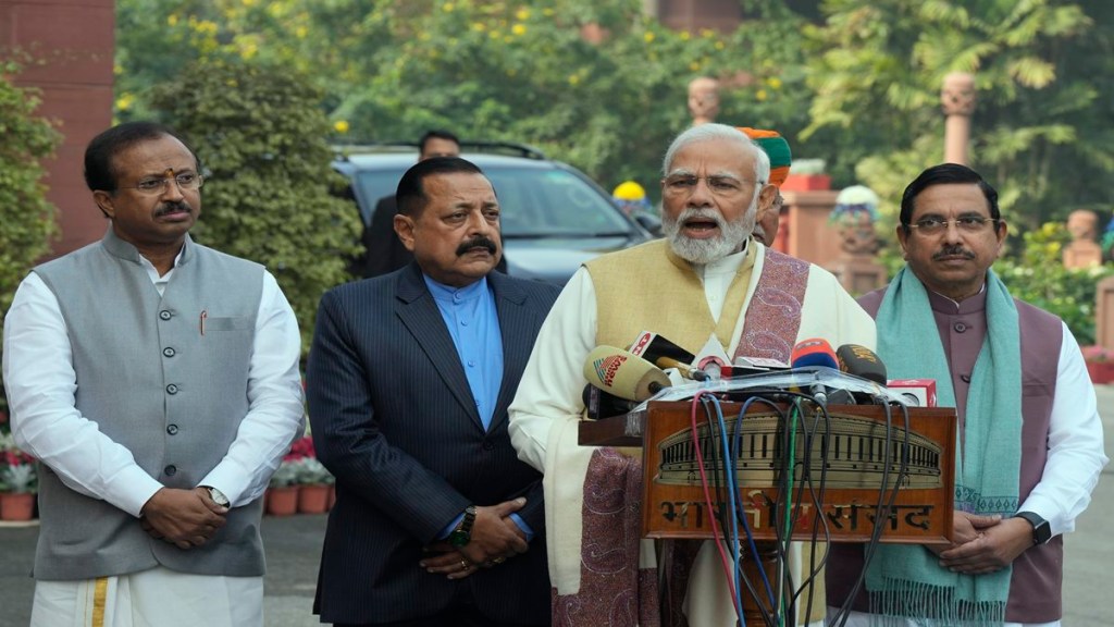 Prime Minister Narendra Modi addresses the media on the first day of the Budget Session of Parliament, in New Delhi, Tuesday, Jan. 31, 2023. Union Minister for Parliamentary Affairs Pralhad Joshi, Union MoS for Parliamentary Affairs V. Muraleedharan and and MoS at PMO Jitendra Singh are also seen. (PTI Photo)
Prime Minister Narendra Modi addresses the media on the first day of the Budget Session of Parliament, in New Delhi, Tuesday, Jan. 31, 2023. Union Minister for Parliamentary Affairs Pralhad Joshi, Union MoS for Parliamentary Affairs V. Muraleedharan and and MoS at PMO Jitendra Singh are also seen. (PTI Photo)