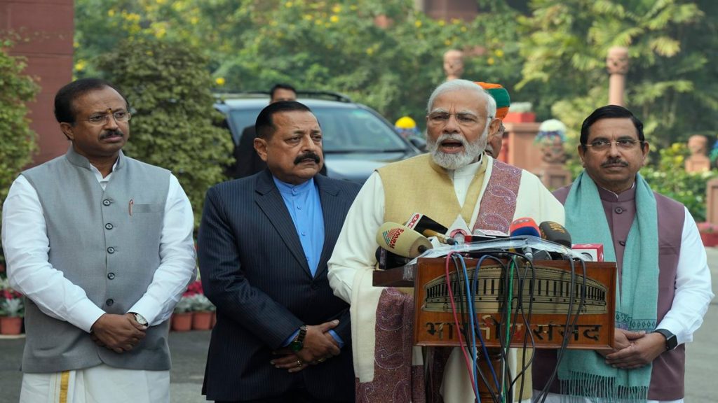 Prime Minister Narendra Modi addresses the media on the first day of the Budget Session of Parliament, in New Delhi, Tuesday, Jan. 31, 2023. Union Minister for Parliamentary Affairs Pralhad Joshi, Union MoS for Parliamentary Affairs V. Muraleedharan and and MoS at PMO Jitendra Singh are also seen. (PTI Photo)
 Prime Minister Narendra Modi addresses the media on the first day of the Budget Session of Parliament, in New Delhi, Tuesday, Jan. 31, 2023. Union Minister for Parliamentary Affairs Pralhad Joshi, Union MoS for Parliamentary Affairs V. Muraleedharan and and MoS at PMO Jitendra Singh are also seen. (PTI Photo)