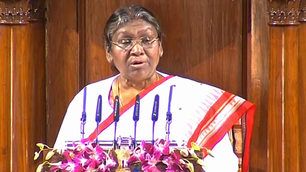 President Droupadi Murmu addresses the joint session of Parliament on the opening day of the Budget Session, in New Delhi, Tuesday, Jan. 31, 2023.  President Droupadi Murmu addresses the joint session of Parliament on the opening day of the Budget Session, in New Delhi, Tuesday, Jan. 31, 2023.