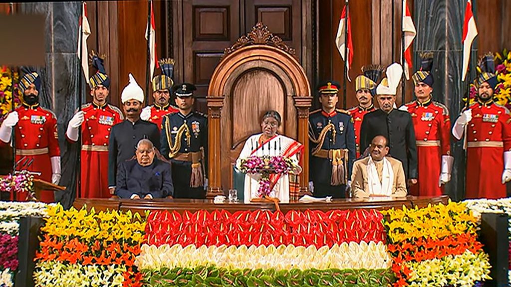 President Droupadi Murmu addresses the joint session of Parliament on the opening day of the Budget Session, in New Delhi, Tuesday, Jan. 31, 2023. (PTI Photo)