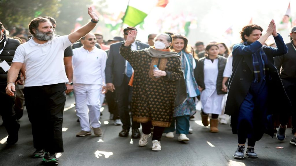 Congress leader Rahul Gandhi with his mother and party leader Sonia Gandhi and his sister and General Secretary Priyanka Gandhi Vadra during the Bharat Jodo Yatra, in New Delhi, Saturday, Dec. 24, 2022. (PTI Photo)