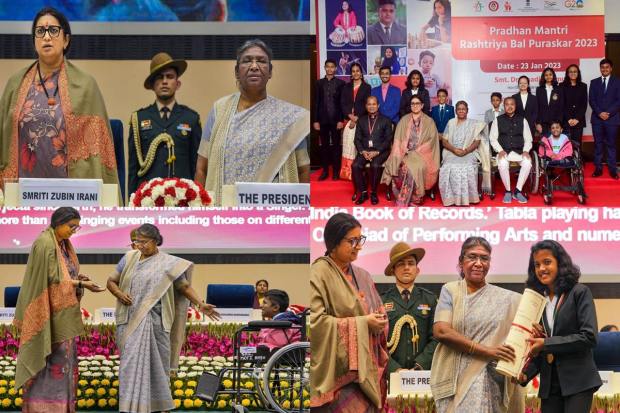 President Droupadi Murmu was at the Vigyan Bhawan to confer Pradhan Mantri Rashtriya Bal Puraskar to 11 children who were recognized for their exceptional achievements in various categories. Six categories that were recognized include sports, art, culture, innovation, and social service. Each awardee was felicitated with a medal, a cash prize of one lakh rupees, and a certificate from the President. Union Minister for Women and Child Development Smriti Irani was also present at the occasion.