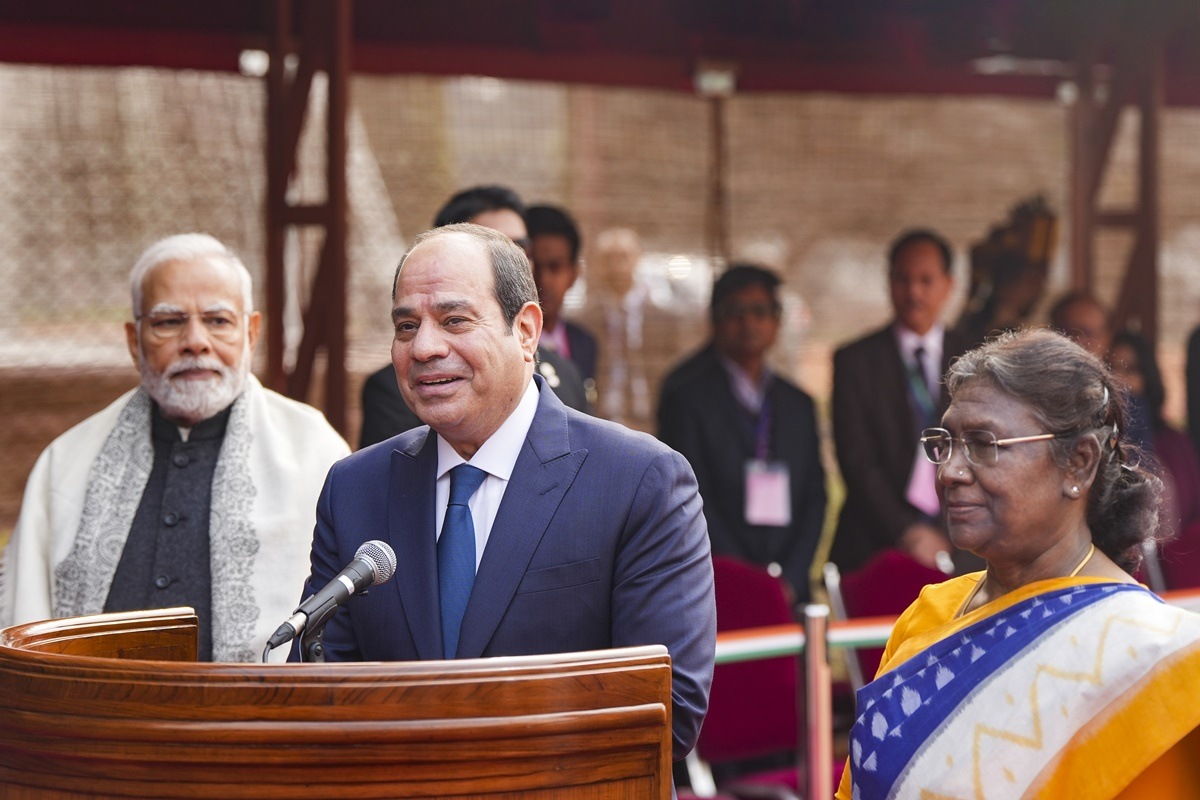 President Droupadi Murmu and Prime Minister Narendra Modi look on as Egyptian President Abdel Fattah El-Sisi addresses media. (PTI photo)