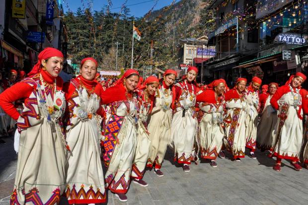 Manali: Artists in traditional attire dance during the Manali Winter Carnival 2023, in Manali, Thursday, Jan. 5, 2023. (PTI Photo)