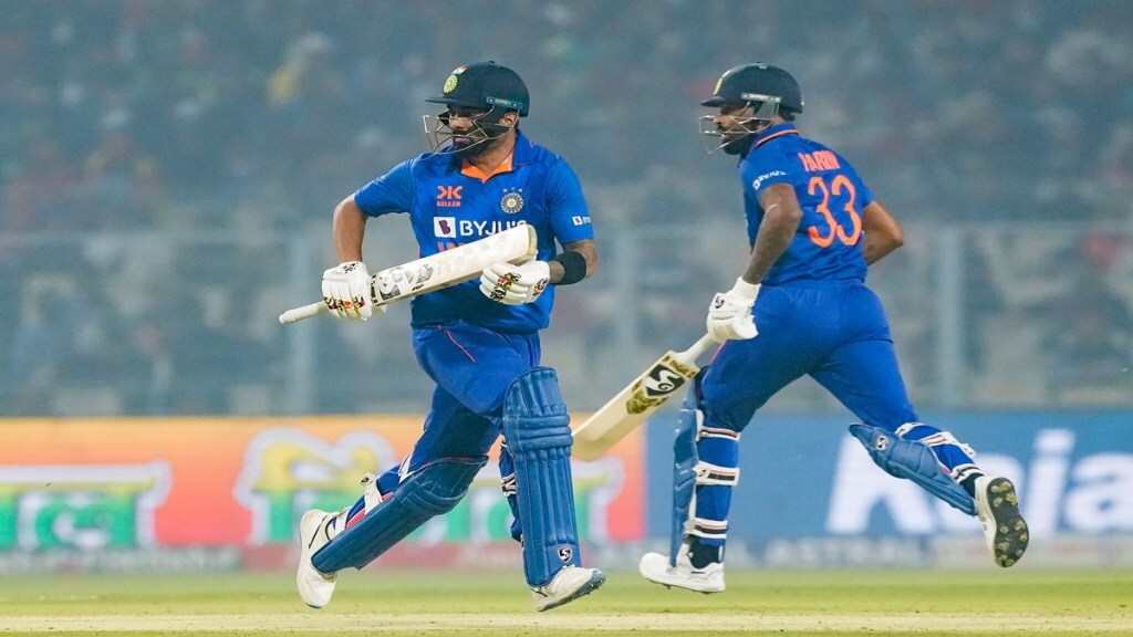  Cricketers KL Rahul and Hardik Pandya take a run during a match between India and Sri Lanka. (PTI)