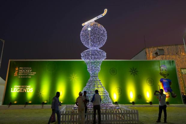 Bhubaneswar: The Kalinga Hockey stadium illuminated on the eve of the FIH Odisha Hockey Men's World Cup 2023, in Bhubaneswar. (PTI Photo)