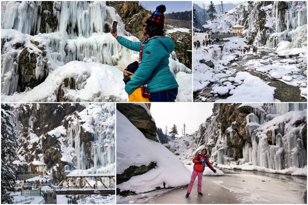 Tourists visited a frozen waterfall at the Drung area of Tangmarg in the Baramulla district of north Kashmir, on Wednesday. The freezing conditions intensified further in Kashmir valley with the minimum temperature plunging to minus 4.3 degree Celsius in the city while Qazigund recorded its coldest night so far this season at minus 7.4.In Jammu and Kashmir, the meteorological office had predicted wet weather due to western disturbances from January 19 to 25.Currently, Kashmir is under the grip of 'Chillai Kalan'. It is the 40-day harshest weather period when the chances of snowfall are high and most frequent.This is the period when tourists also come here in large numbers. Here are some of the pictures. Have a look: