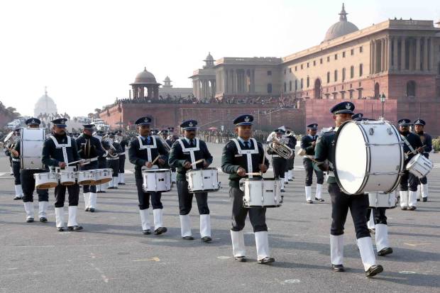 Glimpses of rehearsal of Beating the Retreat Ceremony 2023 parade on Vijay Chowk, New Delhi on Wednesday, 18 Jan 2023.